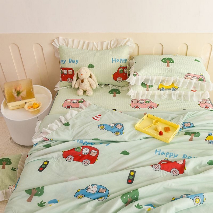 91家纺网 家纺一手货源 找家纺 悦织湾家纺 2025新款A类凉感丝床裙款乳胶凉席席子夏被夏凉被空调被四件套 宝宝巴士