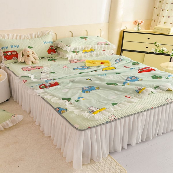 91家纺网 家纺一手货源 找家纺 悦织湾家纺 2025新款A类凉感丝床裙款乳胶凉席席子夏被夏凉被空调被四件套 宝宝巴士