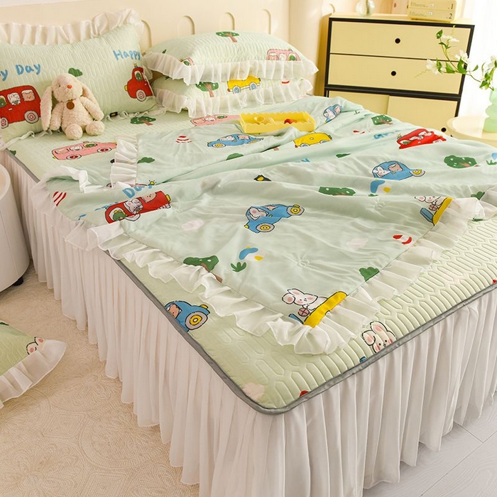 91家纺网 家纺一手货源 找家纺 悦织湾家纺 2025新款A类凉感丝床裙款乳胶凉席席子夏被夏凉被空调被四件套 宝宝巴士