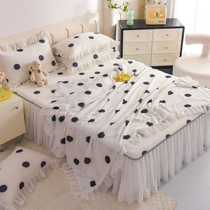 91家纺网 家纺一手货源 找家纺 悦织湾家纺 2025新款A类凉感丝床裙款乳胶凉席席子夏被夏凉被空调被四件套 波点