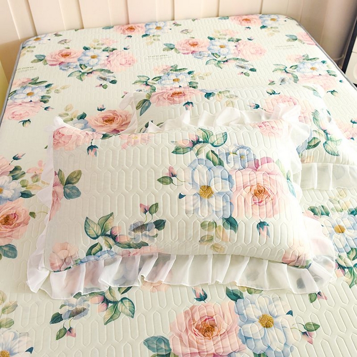 91家纺网 家纺一手货源 找家纺 悦织湾家纺 2025新款A类凉感丝床裙款乳胶凉席席子夏被夏凉被空调被四件套 繁花