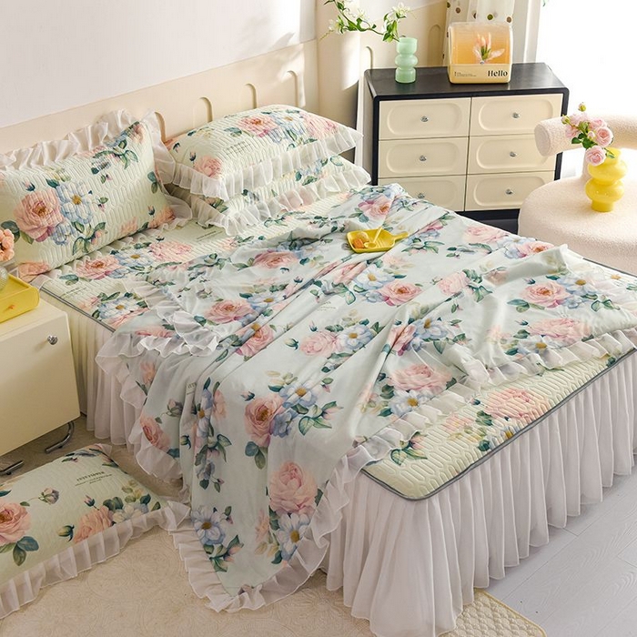 91家纺网 家纺一手货源 找家纺 悦织湾家纺 2025新款A类凉感丝床裙款乳胶凉席席子夏被夏凉被空调被四件套 繁花