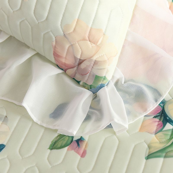 91家纺网 家纺一手货源 找家纺 悦织湾家纺 2025新款A类凉感丝床裙款乳胶凉席席子夏被夏凉被空调被四件套 繁花