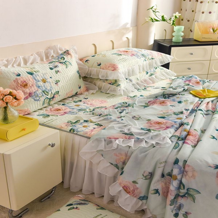 91家纺网 家纺一手货源 找家纺 悦织湾家纺 2025新款A类凉感丝床裙款乳胶凉席席子夏被夏凉被空调被四件套 繁花