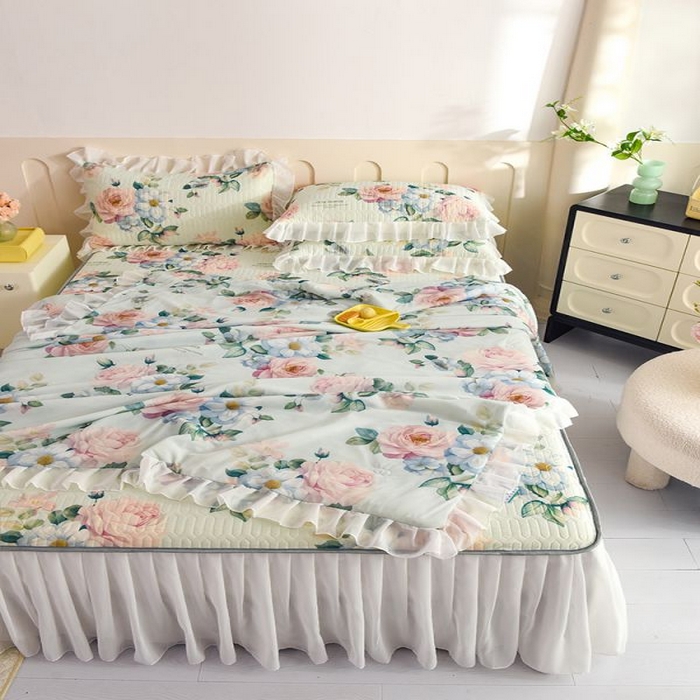 91家纺网 家纺一手货源 找家纺 悦织湾家纺 2025新款A类凉感丝床裙款乳胶凉席席子夏被夏凉被空调被四件套 繁花