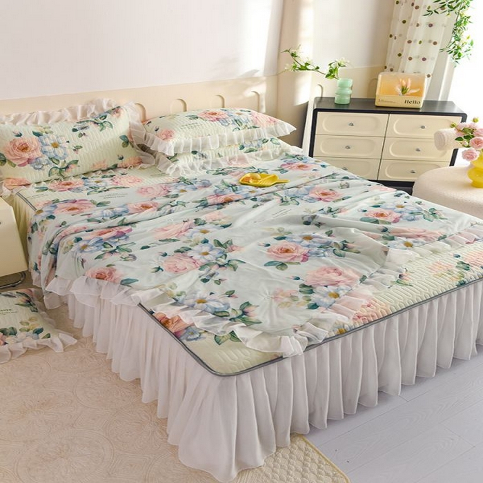 91家纺网 家纺一手货源 找家纺 悦织湾家纺 2025新款A类凉感丝床裙款乳胶凉席席子夏被夏凉被空调被四件套 繁花