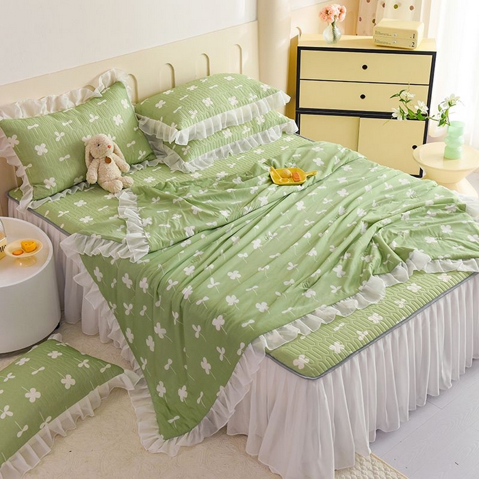 91家纺网 家纺一手货源 找家纺 悦织湾家纺 2025新款A类凉感丝床裙款乳胶凉席席子夏被夏凉被空调被四件套 花束