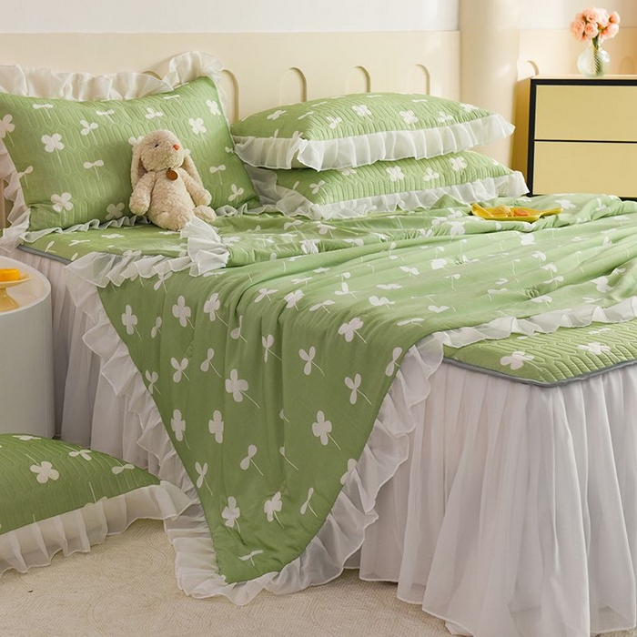 91家纺网 家纺一手货源 找家纺 悦织湾家纺 2025新款A类凉感丝床裙款乳胶凉席席子夏被夏凉被空调被四件套 花束