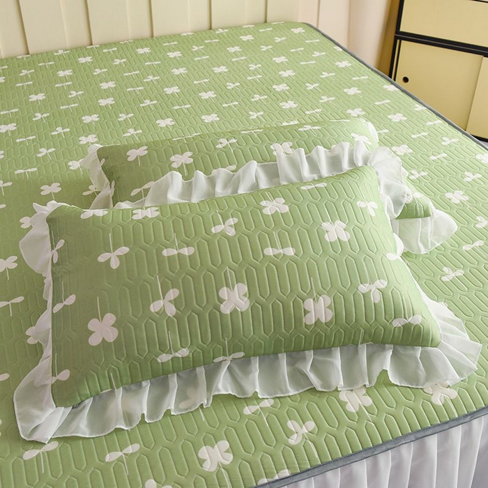 91家纺网 家纺一手货源 找家纺 悦织湾家纺 2025新款A类凉感丝床裙款乳胶凉席席子夏被夏凉被空调被四件套 花束