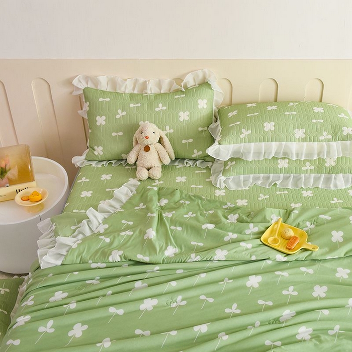 91家纺网 家纺一手货源 找家纺 悦织湾家纺 2025新款A类凉感丝床裙款乳胶凉席席子夏被夏凉被空调被四件套 花束