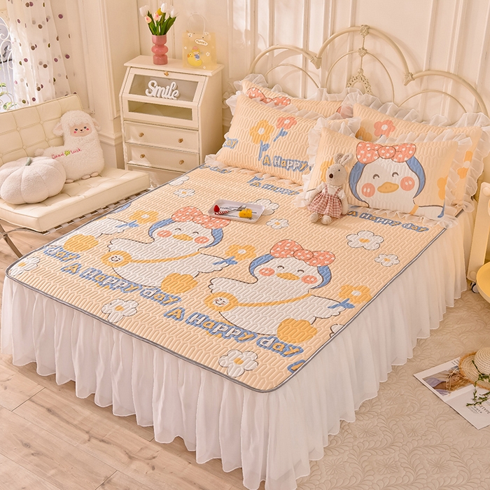 91家纺网 家纺一手货源 找家纺 悦织湾家纺 2025新款A类凉感丝床裙款乳胶凉席席子夏被夏凉被空调被四件套 欢乐企鹅