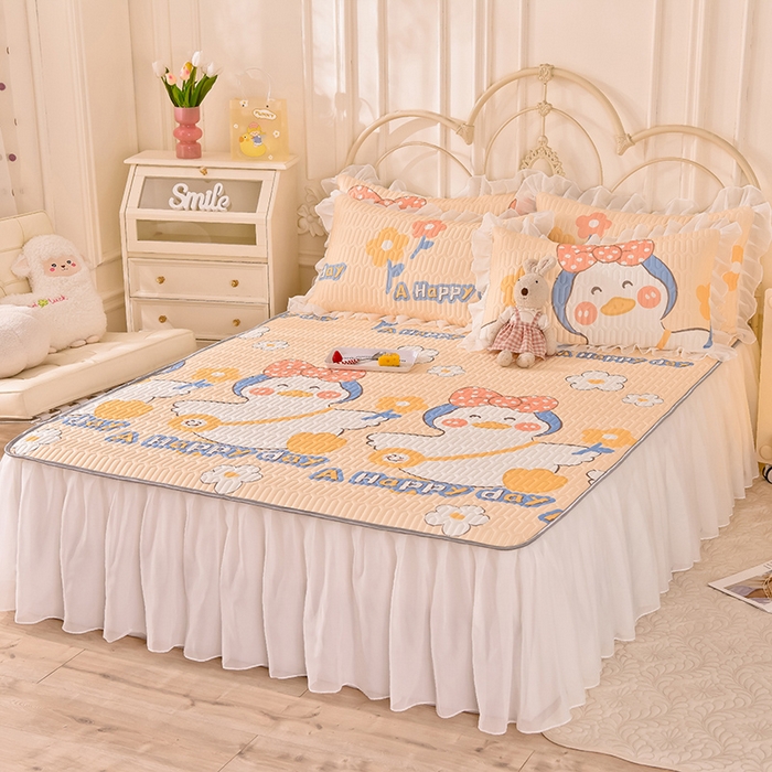 91家纺网 家纺一手货源 找家纺 悦织湾家纺 2025新款A类凉感丝床裙款乳胶凉席席子夏被夏凉被空调被四件套 欢乐企鹅