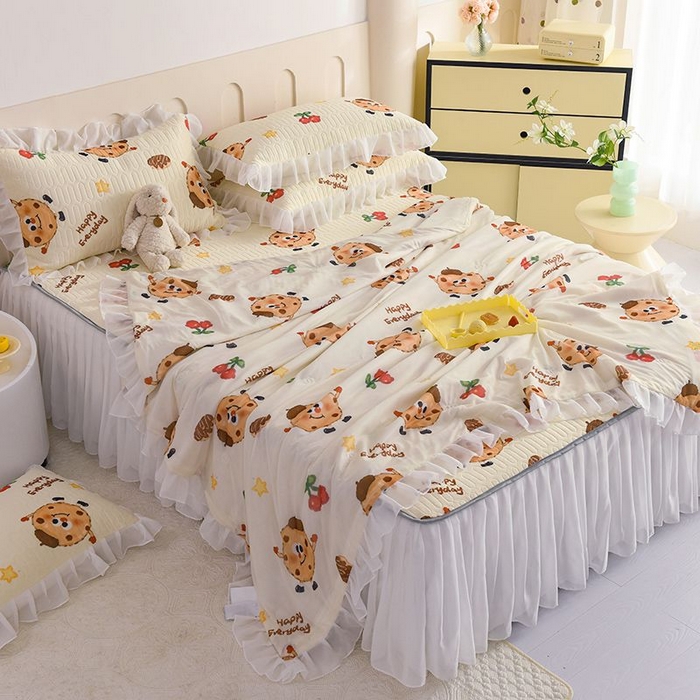 91家纺网 家纺一手货源 找家纺 悦织湾家纺 2025新款A类凉感丝床裙款乳胶凉席席子夏被夏凉被空调被四件套 欢乐曲奇