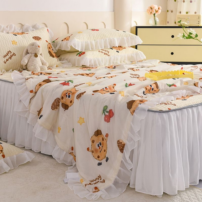 91家纺网 家纺一手货源 找家纺 悦织湾家纺 2025新款A类凉感丝床裙款乳胶凉席席子夏被夏凉被空调被四件套 欢乐曲奇