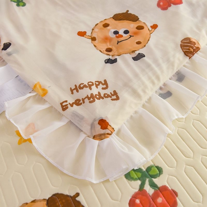 91家纺网 家纺一手货源 找家纺 悦织湾家纺 2025新款A类凉感丝床裙款乳胶凉席席子夏被夏凉被空调被四件套 欢乐曲奇