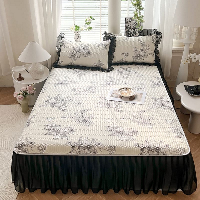 91家纺网 家纺一手货源 找家纺 悦织湾家纺 2025新款A类凉感丝床裙款乳胶凉席席子夏被夏凉被空调被四件套 浪漫花开