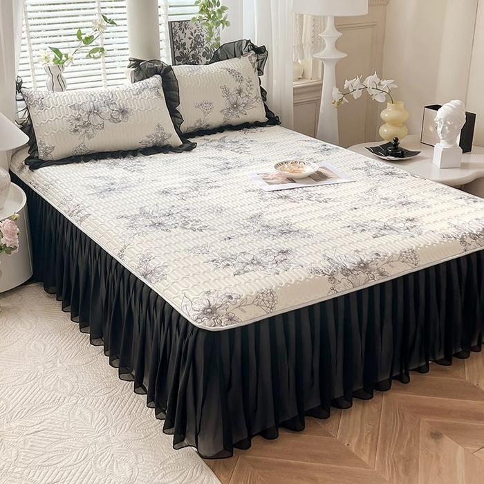 91家纺网 家纺一手货源 找家纺 悦织湾家纺 2025新款A类凉感丝床裙款乳胶凉席席子夏被夏凉被空调被四件套 浪漫花开