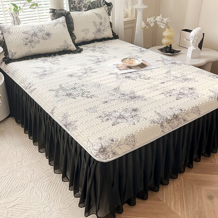 91家纺网 家纺一手货源 找家纺 悦织湾家纺 2025新款A类凉感丝床裙款乳胶凉席席子夏被夏凉被空调被四件套 浪漫花开