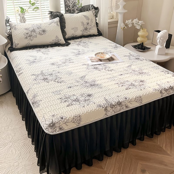 91家纺网 家纺一手货源 找家纺 悦织湾家纺 2025新款A类凉感丝床裙款乳胶凉席席子夏被夏凉被空调被四件套 浪漫花开