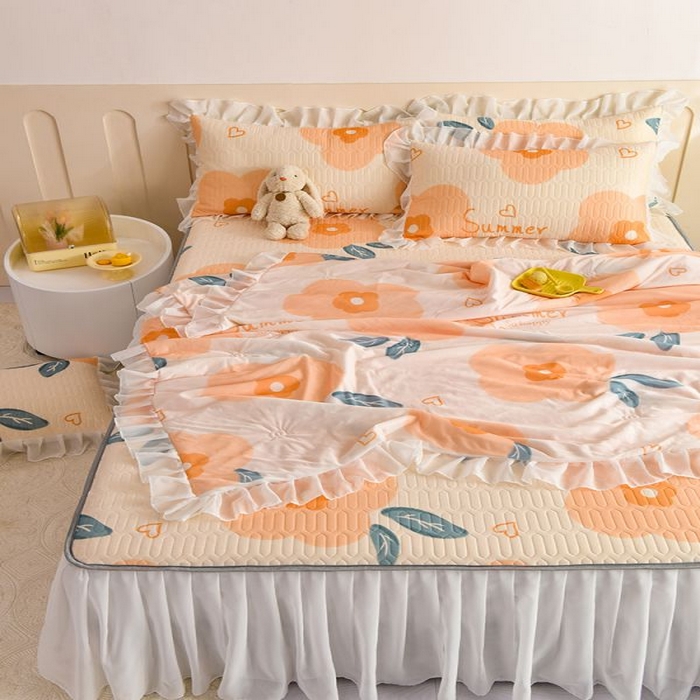 91家纺网 家纺一手货源 找家纺 悦织湾家纺 2025新款A类凉感丝床裙款乳胶凉席席子夏被夏凉被空调被四件套 浪漫花语