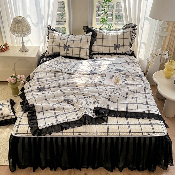 91家纺网 家纺一手货源 找家纺 悦织湾家纺 2025新款A类凉感丝床裙款乳胶凉席席子夏被夏凉被空调被四件套 礼物