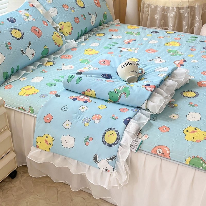 91家纺网 家纺一手货源 找家纺 悦织湾家纺 2025新款A类凉感丝床裙款乳胶凉席席子夏被夏凉被空调被四件套 萌宠乐园