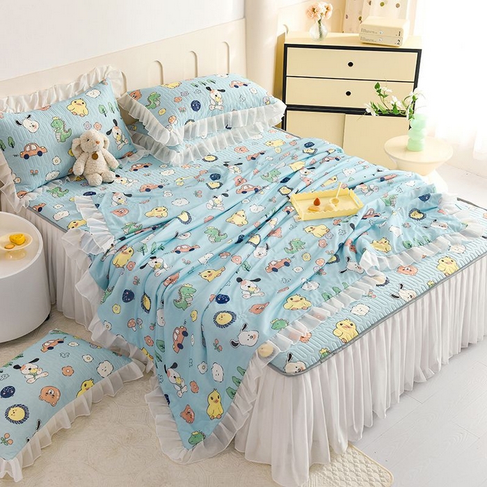 91家纺网 家纺一手货源 找家纺 悦织湾家纺 2025新款A类凉感丝床裙款乳胶凉席席子夏被夏凉被空调被四件套 萌宠乐园