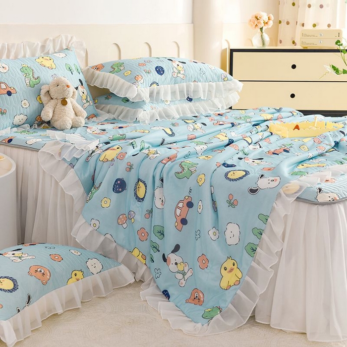 91家纺网 家纺一手货源 找家纺 悦织湾家纺 2025新款A类凉感丝床裙款乳胶凉席席子夏被夏凉被空调被四件套 萌宠乐园