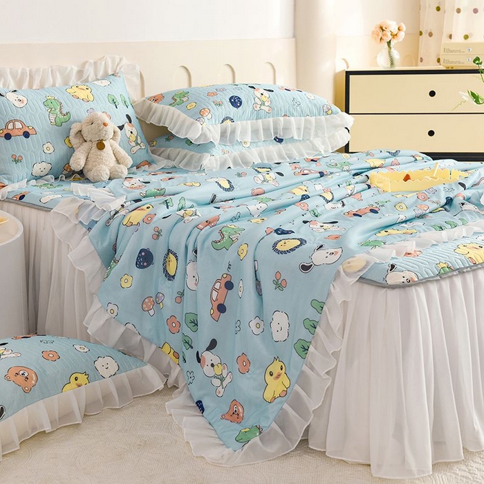 91家纺网 家纺一手货源 找家纺 悦织湾家纺 2025新款A类凉感丝床裙款乳胶凉席席子夏被夏凉被空调被四件套 萌宠乐园