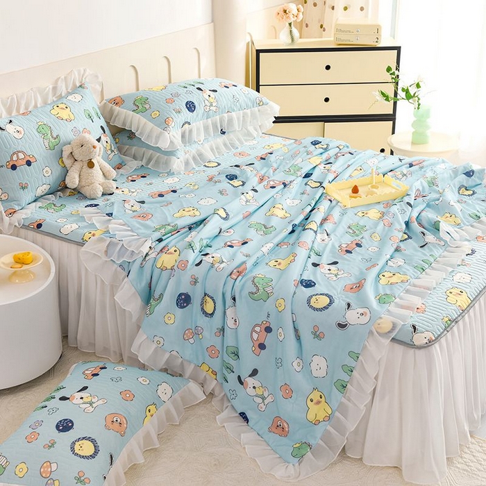 91家纺网 家纺一手货源 找家纺 悦织湾家纺 2025新款A类凉感丝床裙款乳胶凉席席子夏被夏凉被空调被四件套 萌宠乐园