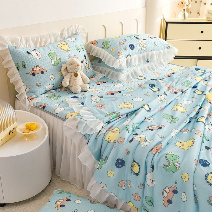 91家纺网 家纺一手货源 找家纺 悦织湾家纺 2025新款A类凉感丝床裙款乳胶凉席席子夏被夏凉被空调被四件套 萌宠乐园