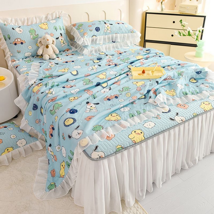 91家纺网 家纺一手货源 找家纺 悦织湾家纺 2025新款A类凉感丝床裙款乳胶凉席席子夏被夏凉被空调被四件套 萌宠乐园