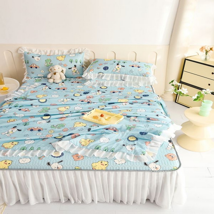 91家纺网 家纺一手货源 找家纺 悦织湾家纺 2025新款A类凉感丝床裙款乳胶凉席席子夏被夏凉被空调被四件套 萌宠乐园