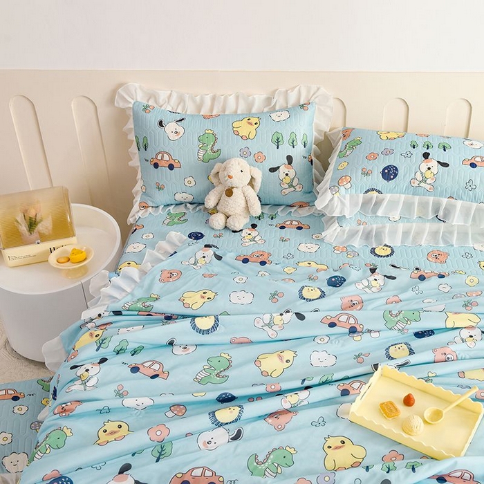 91家纺网 家纺一手货源 找家纺 悦织湾家纺 2025新款A类凉感丝床裙款乳胶凉席席子夏被夏凉被空调被四件套 萌宠乐园