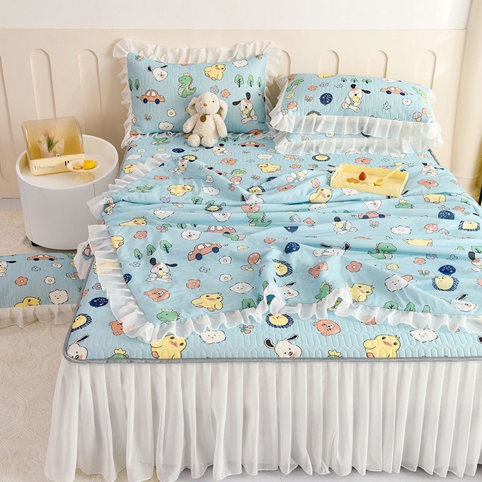 91家纺网 家纺一手货源 找家纺 悦织湾家纺 2025新款A类凉感丝床裙款乳胶凉席席子夏被夏凉被空调被四件套 萌宠乐园