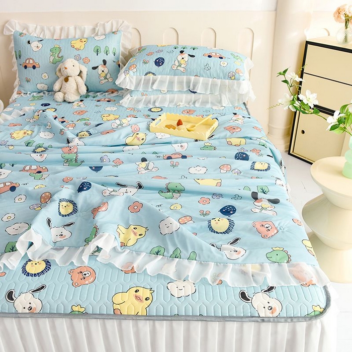 91家纺网 家纺一手货源 找家纺 悦织湾家纺 2025新款A类凉感丝床裙款乳胶凉席席子夏被夏凉被空调被四件套 萌宠乐园