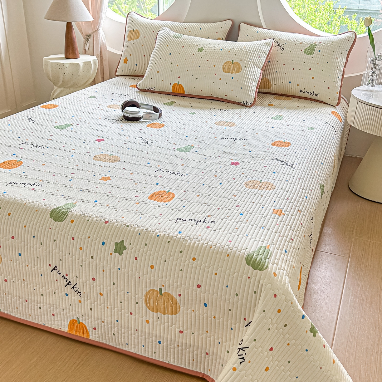 91家纺网 家纺一手货源 找家纺 橘夏家纺 2025新款多功能全棉双面床盖三件套纯棉夹棉加厚床单床垫盖毯 南瓜派对