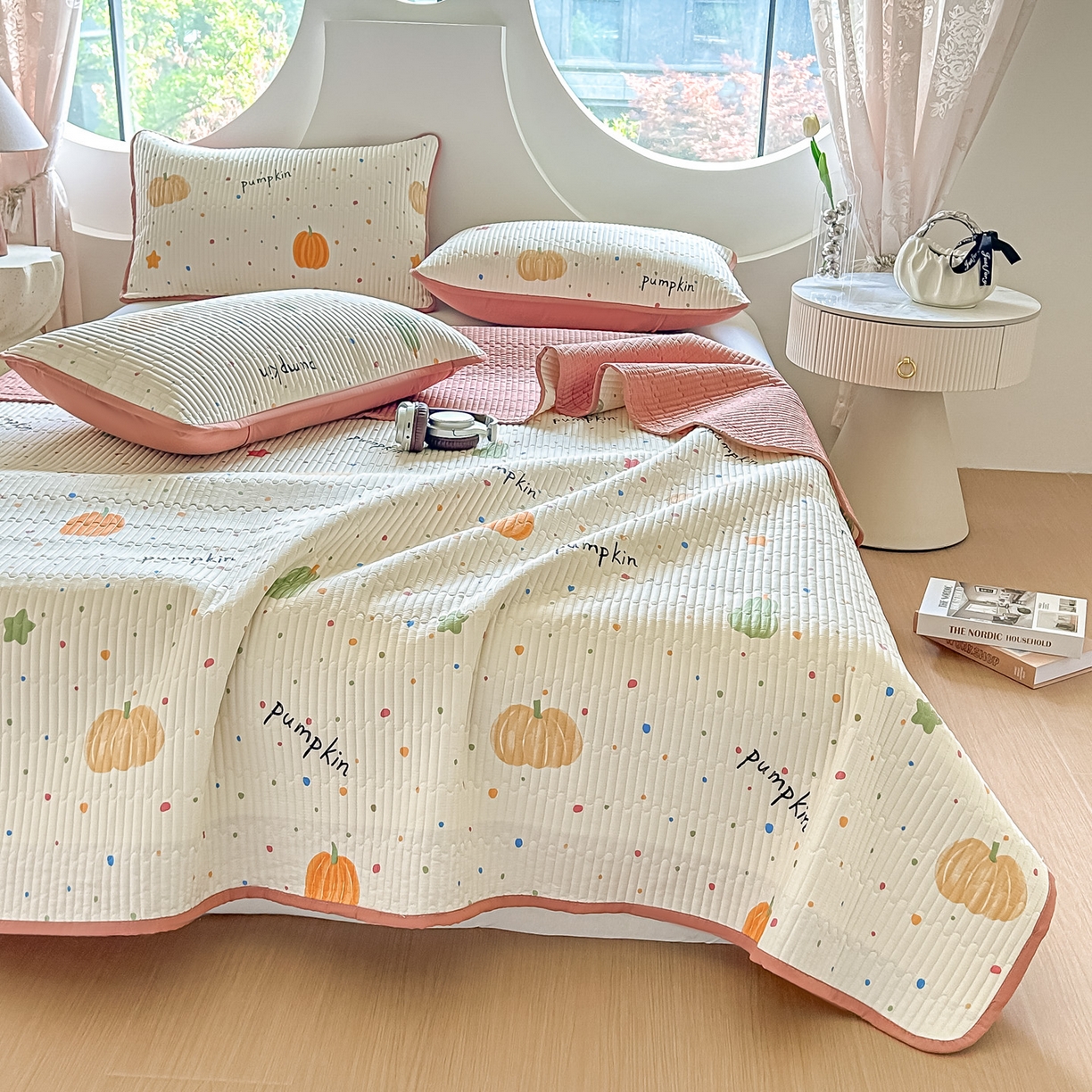 91家纺网 家纺一手货源 找家纺 橘夏家纺 2025新款多功能全棉双面床盖三件套纯棉夹棉加厚床单床垫盖毯 南瓜派对