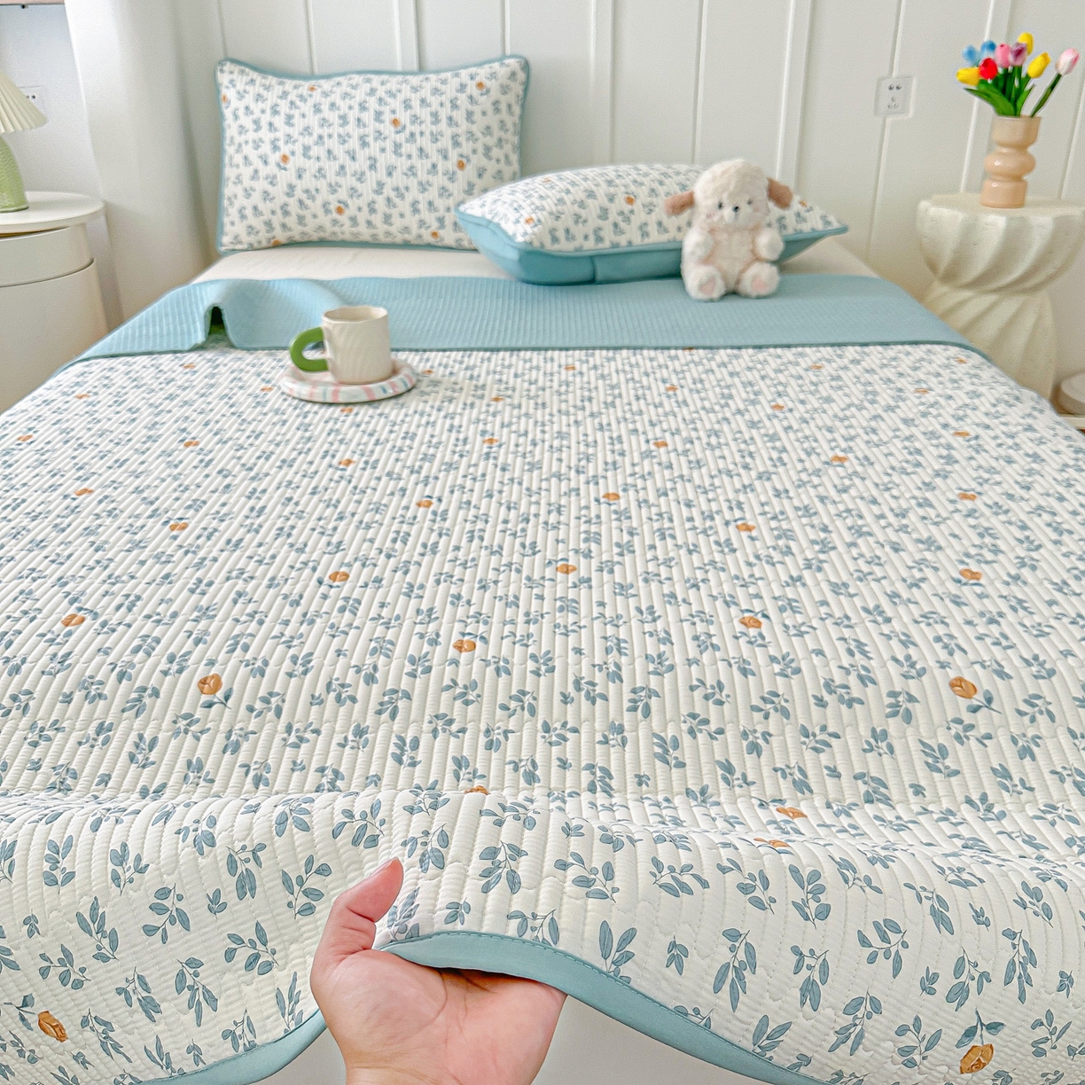 91家纺网 家纺一手货源 找家纺 橘夏家纺 2025新款多功能全棉双面床盖三件套纯棉夹棉加厚床单床垫盖毯 盛开