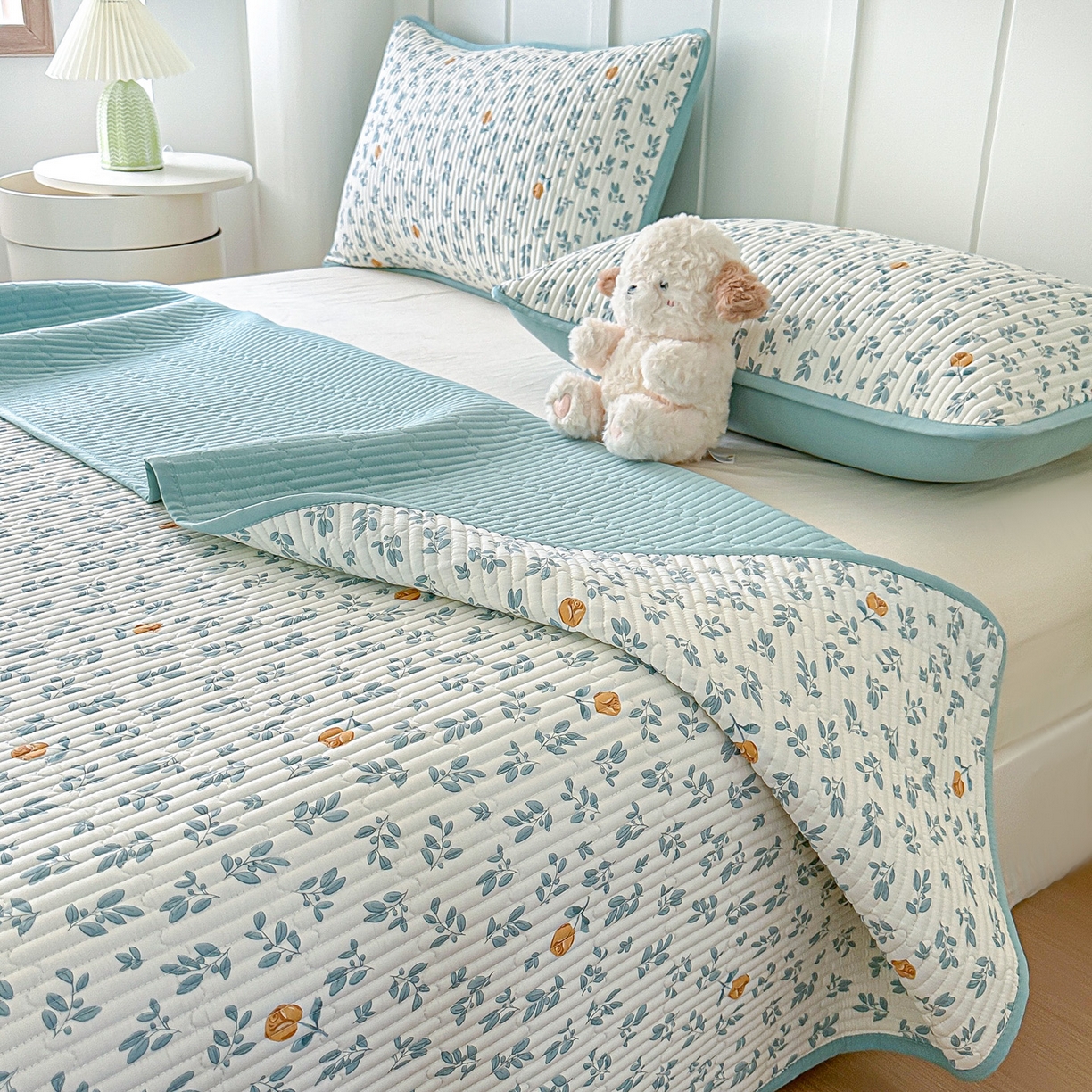 91家纺网 家纺一手货源 找家纺 橘夏家纺 2025新款多功能全棉双面床盖三件套纯棉夹棉加厚床单床垫盖毯 盛开