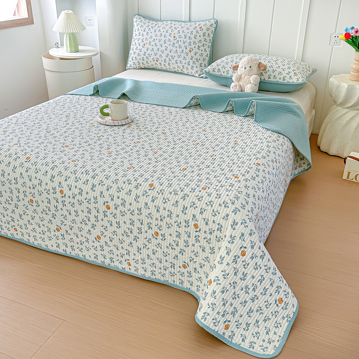 91家纺网 家纺一手货源 找家纺 橘夏家纺 2025新款多功能全棉双面床盖三件套纯棉夹棉加厚床单床垫盖毯 盛开