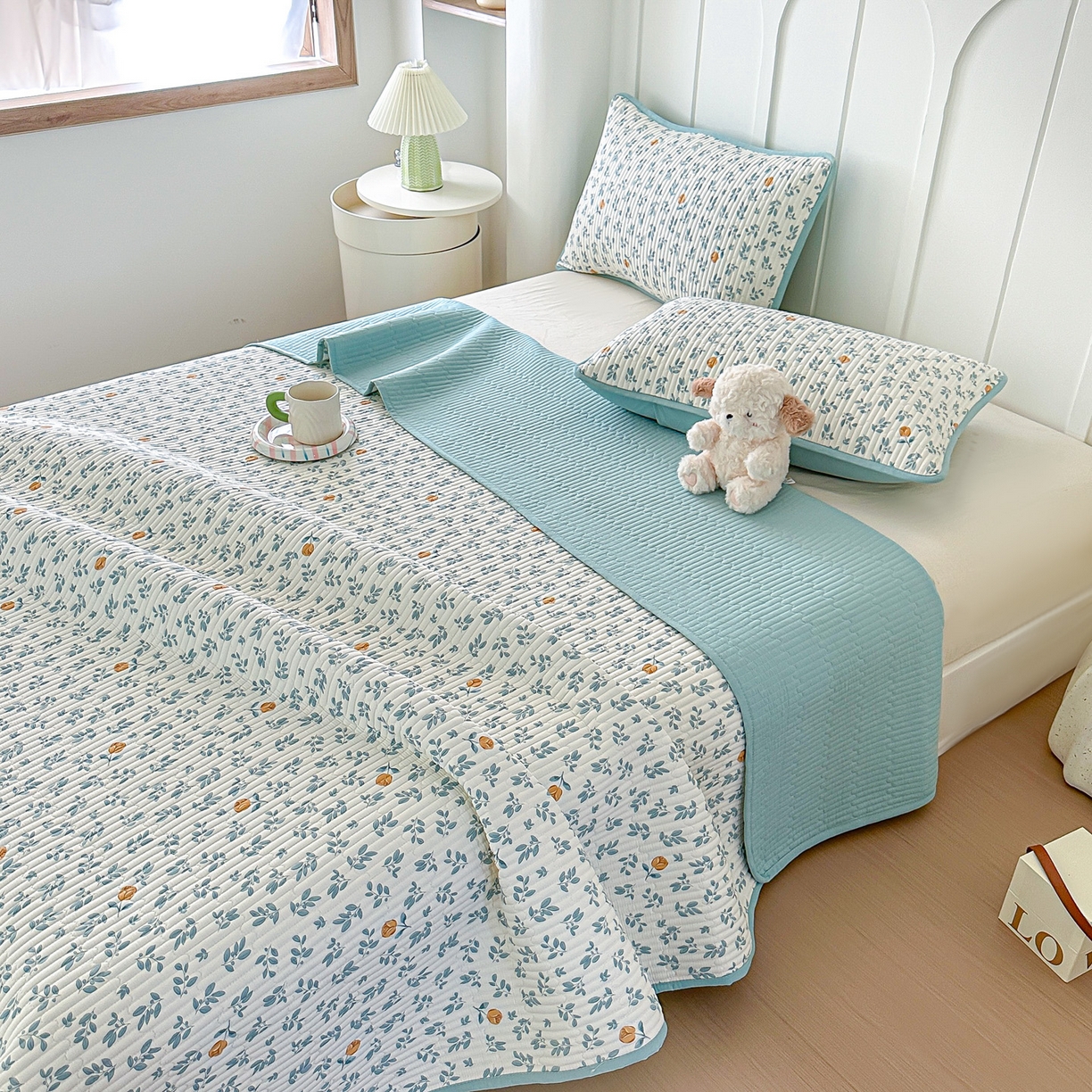 91家纺网 家纺一手货源 找家纺 橘夏家纺 2025新款多功能全棉双面床盖三件套纯棉夹棉加厚床单床垫盖毯 盛开