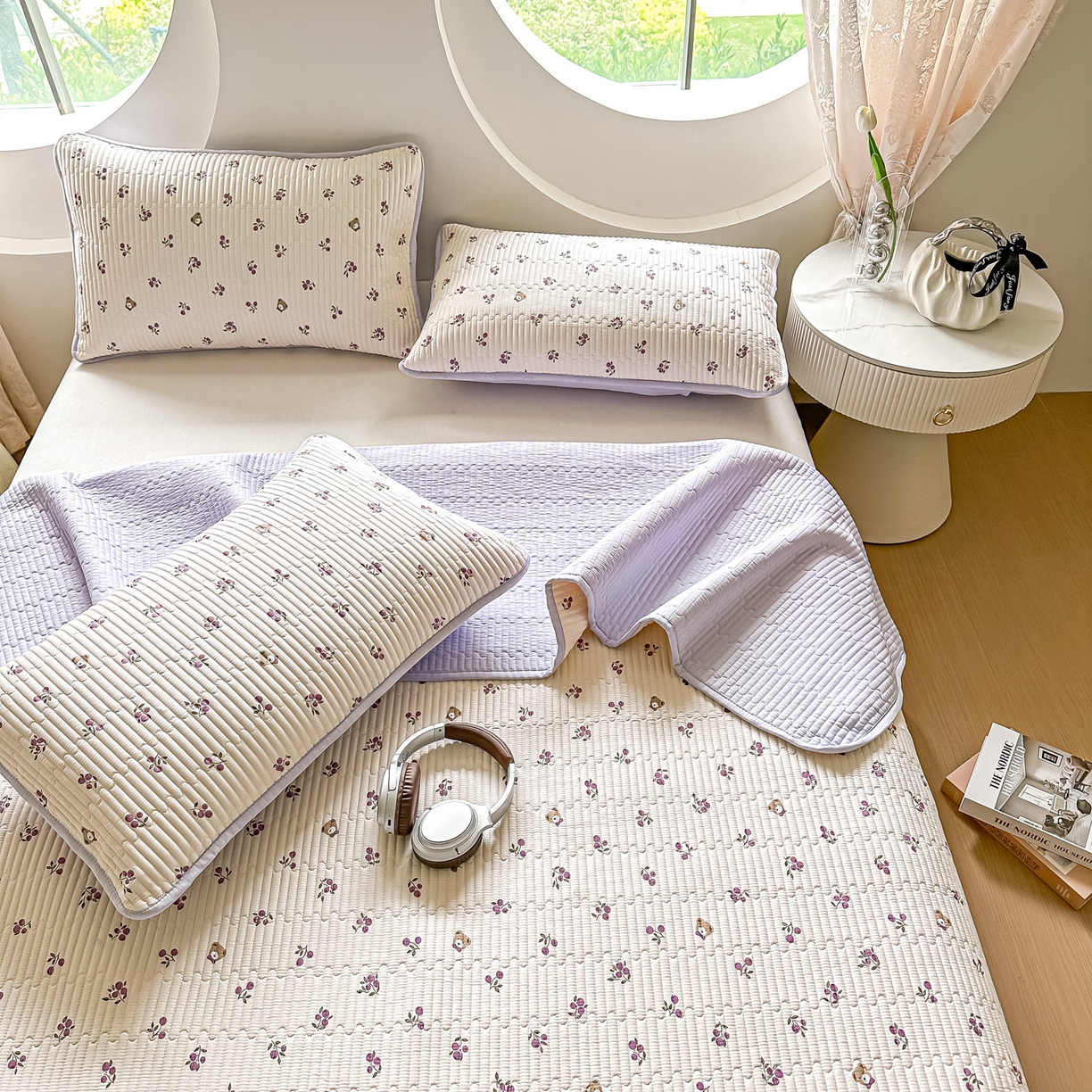 91家纺网 家纺一手货源 找家纺 橘夏家纺 2025新款多功能全棉双面床盖三件套纯棉夹棉加厚床单床垫盖毯 樱桃小熊