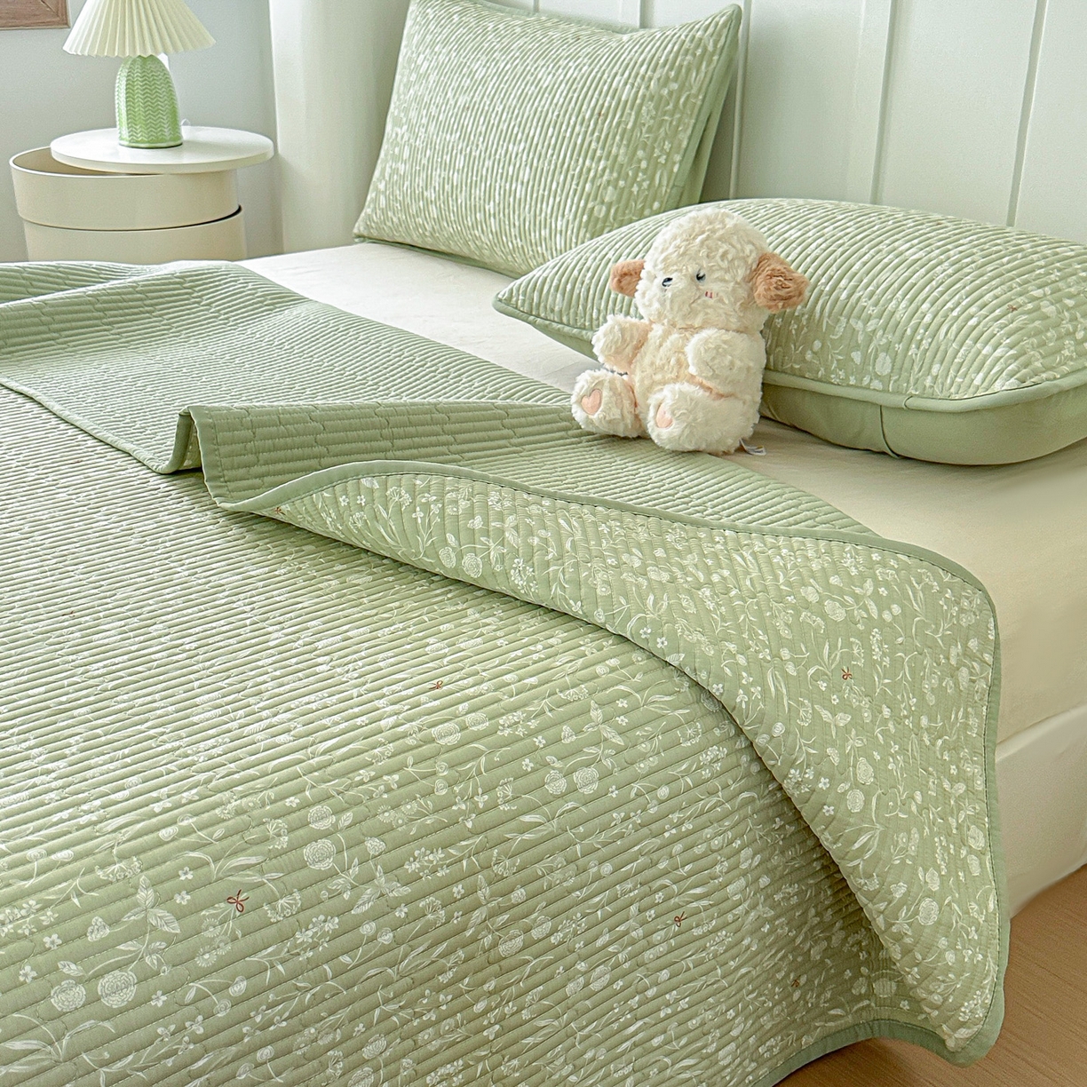 91家纺网 家纺一手货源 找家纺 橘夏家纺 2025新款多功能全棉双面床盖三件套纯棉夹棉加厚床单床垫盖毯 悠然绿