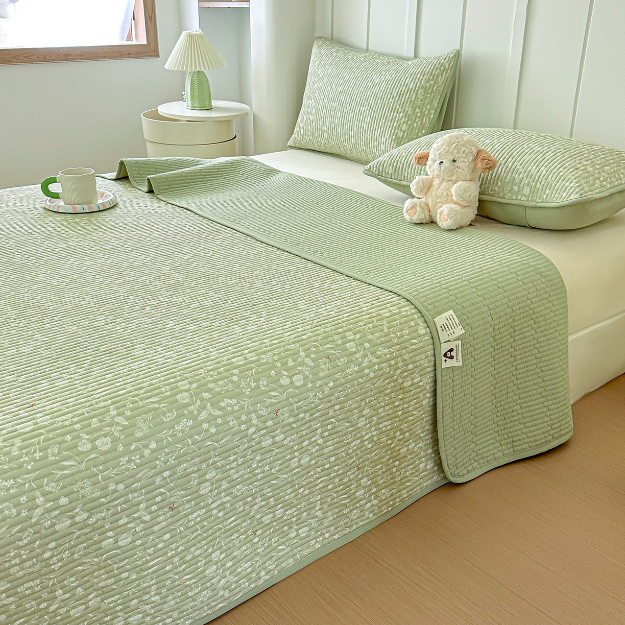 91家纺网 家纺一手货源 找家纺 橘夏家纺 2025新款多功能全棉双面床盖三件套纯棉夹棉加厚床单床垫盖毯 悠然绿