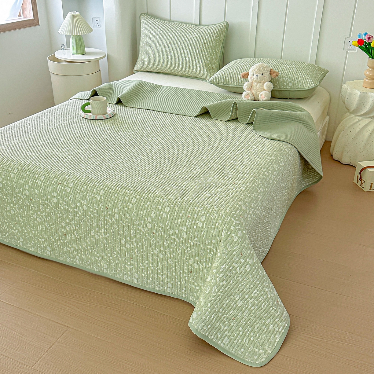 91家纺网 家纺一手货源 找家纺 橘夏家纺 2025新款多功能全棉双面床盖三件套纯棉夹棉加厚床单床垫盖毯 悠然绿