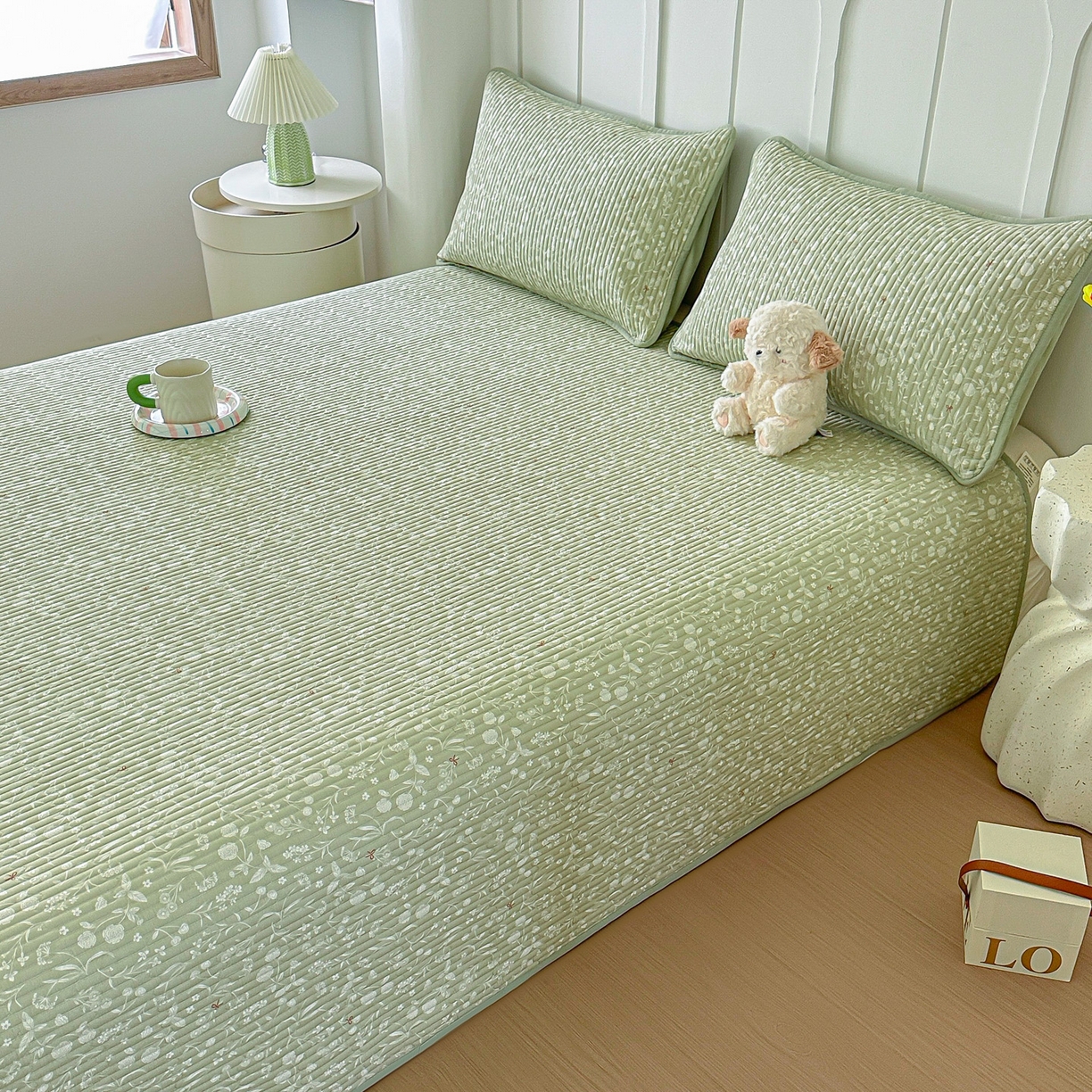 91家纺网 家纺一手货源 找家纺 橘夏家纺 2025新款多功能全棉双面床盖三件套纯棉夹棉加厚床单床垫盖毯 悠然绿