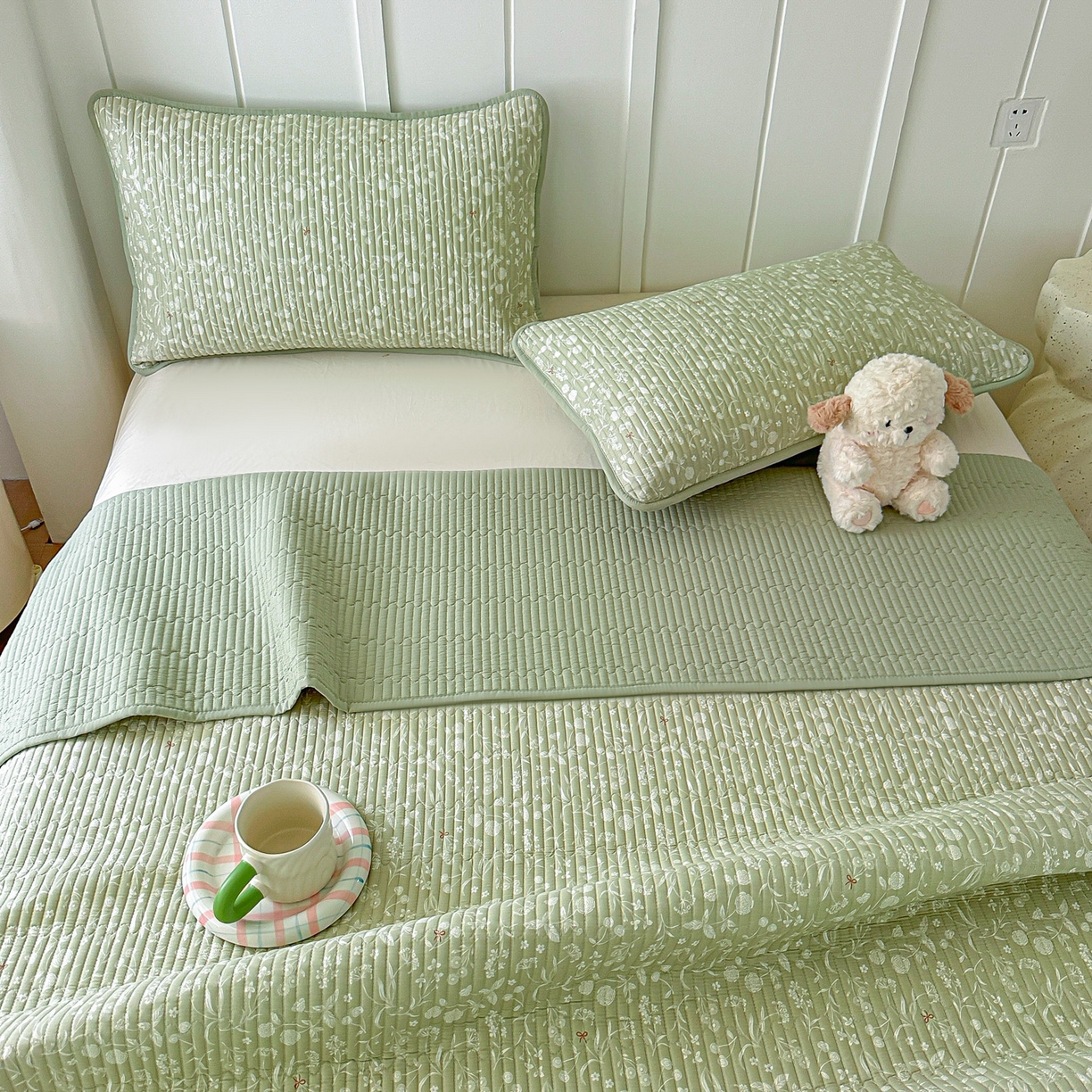 91家纺网 家纺一手货源 找家纺 橘夏家纺 2025新款多功能全棉双面床盖三件套纯棉夹棉加厚床单床垫盖毯 悠然绿