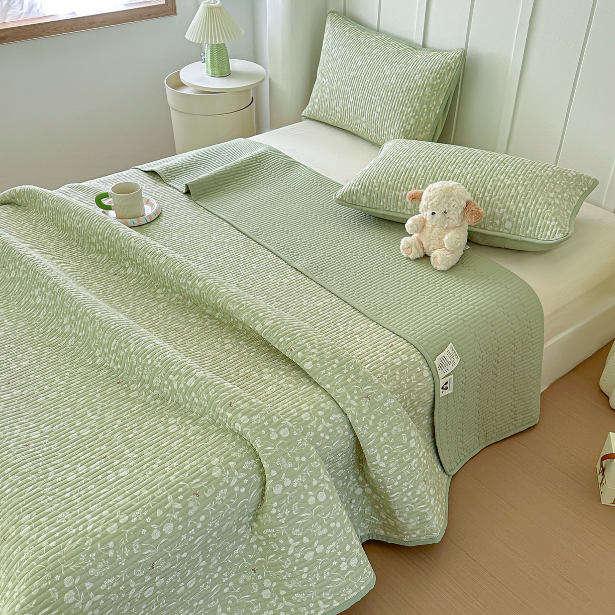 91家纺网 家纺一手货源 找家纺 橘夏家纺 2025新款多功能全棉双面床盖三件套纯棉夹棉加厚床单床垫盖毯 悠然绿