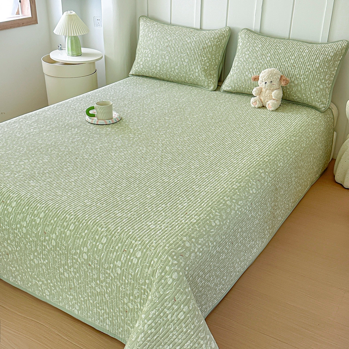 91家纺网 家纺一手货源 找家纺 橘夏家纺 2025新款多功能全棉双面床盖三件套纯棉夹棉加厚床单床垫盖毯 悠然绿